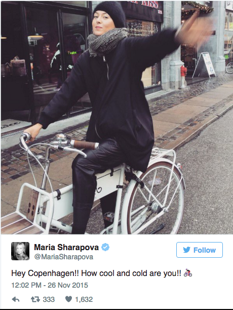 Maria Sharapova rides a Velorbis bicycle in Copenhagen.